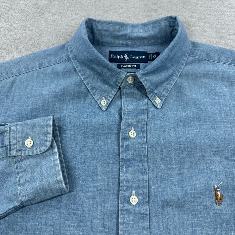 Ralph Lauren Button Down Shirt Men XL Blue Classic Fit Cotton Chambray Americana